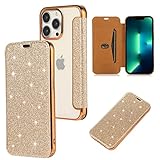 Bling Glitter Sparkling Stars Phone Case Simple Leather Case with Card Slot for iPhone Samsung Galaxy (Gold, Samsung A21S)