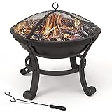 VOUNOT Feuerschale mit Funkenschutz, Grillrost, Schürhaken, Feuerkorb Feuerstelle für Heizung BBQ, Garten, Camping, Terrasse, Ø 55 cm, Schw
