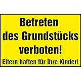 Verbotsschild 'Betreten des Grundstücks verboten! Eltern haften für ihre Kinder!' | 300x200 mm | gelb/schwarz | 1 Stück