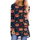 Tomwell Pullover Damen Langarm T-Shirt Sweatshirt Rundhals Lose Langarmshirts Oberteile Lang Tops Shirts für Halloween Blau M