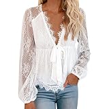 Finetyu Damen Bluse Spitzen Hemd V Ausschnitt Elegant Kurzärmel Tunika Blusen Tops Oberteile Einfarbig Chiffon Bestickte Langarmshirts,T-Shirt Lose Spitze Kurze Ärmel, Petal Kurzarm,Eleg