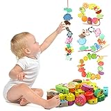 42Stk.Tierisches Gemüse und Obst Holzperlen zum Auffädeln,Perlen Fädelspiel,Holz Spielzeug,Montessori Spielzeug,Holz Fädelspiel,Lernspielzeug Geschenke für Kleinkinder Mädchen Jung