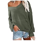 Lazzboy Waffel Strickoberteil Schulterfrei Pullover Frauen V-Ausschnitt Langarm Damen Strickpullover Langarmshirt Oversize Strickpulli Oberteile (Grün,M)