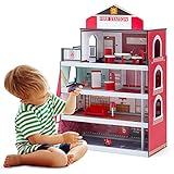 COSTWAY 4 Ebenen Kinder Feuerwehrstation mit LKW & Hubschrauber, Feuerwache Spielset mit Leiter und Feuerwehrstange, Holz Feuerwehrhaus inkl. komplettes Zubehör, Kinder Rollenspielzeug ab 3 J