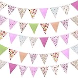 Süße Beidseitig Wimpel Girlande,40ft Vintage florale Wimpelkette aus Stoff 42 Stück für Geburtstag, Hochzeit,Party,Zuhause,Garten,Babyparty,Dekoration(Rosa)