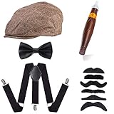 Beelittle 1920er Jahre Mens Gatsby Gangster Kostüm Zubehör Set - Gatsby Newsboy Baskenmütze Hut, Hosenträger, Taschenuhr, Krawatte, Pre gebundene Fliege, Zigarre, falschen Schnurrbart (D)