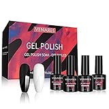 UV Gel Nagellack, Venares No Wipe Top Coat (Glanz & Matt), Primer Base Coat, Builder Base mit Schwarz-Weiß-Nagellack, Gel Nagellack Gellack Unterlack & Überlack Set Nägel Maniküre Kit 6pcs 8