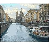 Malen Nach Zahlen Erwachsene-Vorgedruckt Leinwand Kinder Kits-Mama Tochter Weihnachten Geburtstag Ölgemälde Geschenk Home Haus Deko - Sankt Petersburg Lake City Landschaft Wooden Framed 40 x 50