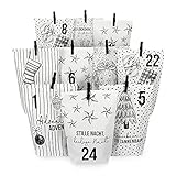 Extravaganter Adventskalender zum Befüllen - mit 24 weißen Geschenktüten und 24 Zahlenaufklebern und Klammern - Motiv Christmas Set 15 - zum Basteln und Verschenken - Weihnachten &