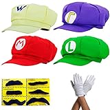 thematys Super Mario Mütze Luigi Wario Waluigi - Kostüm-Set für Erwachsene + 4X Handschuhe und 6X Klebe-Bart - perfekt für Fasching, Karneval & Cosplay - Klassische Cappy Cap