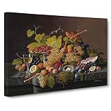 Big Box Art Kunstdruck auf Leinwand, Motiv Stillleben mit Blumen und Früchten, Vol.8 von Severin Roesen, 76 x 50 cm, Schwarz, Braun, C