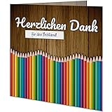 5 Danksagungskarten für die Einschulung mit passenden Umschlägen, Dankeskarten nach der Einschulung im Set zu 5 Stk.'Buntstifte' Desig