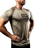 Satire Gym® - Fitness Slim Fit T-Shirt Herren/Funktionelles & schnell trocknendes Sportshirt Herren Kurzarm – Herren Fitness Shirt als Bodybuilding Shirt & Workout Gym Shirt (S, Khaki meliert)