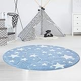 carpet city Kinderteppich Flachflor Bueno Konturenschnitt Glanzgarn mit Sterne in Blau für Kinderzimmer, Größe: 120 cm R