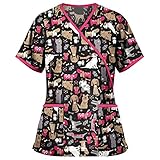 Casual Damen Kurzarm V-Ausschnitt Uniform Tops Sommer Mode Herzdruck Arbeitsbluse Arbeit Tunika Tops Tshirt Tops mit 2 Taschen für Frauen Stillgeschenke, 04-schwarz, M