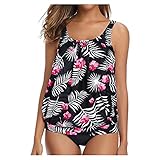 Damen Badeanzug 2 Stück Bikini Set Ärmellos Rundhalsausschnitt Split Zweiteiler Solid Swimsuit Hoher Taille Bademode mit Leopardenmuster Shorts Schwimmanzug