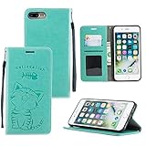 Anfire Tasche für iPhone 7 Plus/8 Plus Hülle Slim Premium PU Leder mit Kartenfach Stand-Funktion Brieftasche Flip Wallet Etui Case Cover für Apple iPhone 7 Plus / 8 Plus (5.5') mit Grün Katze M