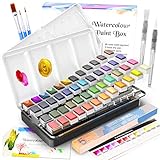 Aquarellfarben Set, RATEL Aquarell Malkasten Inklusive 48 Farben Festes Pigment + 3 Pinsel + 2 Wassertankpinsel + 10 Aquarellpapiere - wasserlöslich und gut mischbar Aquarell-Farben-S