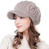 Fancet Damen Strickmütze mit Visier und Newsboy-Mütze, für kalte Schnee, 55-60 cm - Beige - M