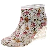 Gummistiefel Damen Stiefel mit Keilabsatz und Leopardenmuster, Kurze Regenstiefel Bequeme Regenschuhe Schlupfstiefel wasserdichte Gummistiefeletten Celucke (Beige, 40 EU)
