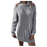 Pulloverkleid Damen Oversize Strickkleider Für Damen Sexy Einfarbig Rundhals Schulterfrei Strickpullover elegant Winterkleid Langarm Warm Sweater Kleider Blusenkleid Sweatshirt Frauen Grobstrick Top