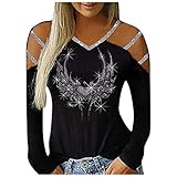 Frauen Tops Mode V-Ausschnitt Hollow-Out Nieten Langarm T-Shirts Casual Cold Shoulder Slim Shirt Bluse(XL,Schwarz)