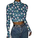 RKaixuni Oberteile Damen Elegant Langarmshirt Rollkragen Sexy Bluse Blumen Y2K Tops Langarm Tunika Slim Fit Shirts Mode Oberteile Tops Lässiges Longshirt Crop Tops für F