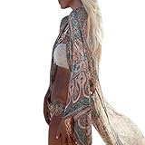 Damen Blumendruck Chiffon Kimono Cardigan Top Lose Schal Bikini Cover Up Strandponcho Vintage Vertuschen Bluse Elegant (S, Grün)
