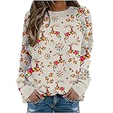 TRIGLICOLEUM Weihnachten Langarmshirt Damen Rundhals Pullover Mode All-Match Langarm Jumper Bluse Schneeflocke Elch Drucken Weihnachtenpullover Mode All-Match Weihnachten Kostü