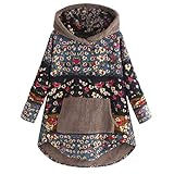 Lazzboy Kapuzenpullover Frauen Fleece Patchwork Blumendruck Langarm Taschen Hoodie Top Teddy Damen Plüschmantel Mit Taschen, Herbst Einfarbige Pullover Winter Outwear(Blau,3XL)