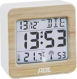 ADE Digitaler Funk-Wecker CK1941 Tischuhr digital mit DCF Zeitsignal, Gehäuse mit echtem Bambus, LCD-Display, Thermometer für Raumtemperatur, Wecker mit Schlummerfunktion, Funkuhr inkl. B