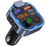 LENCENT FM Transmitter Bluetooth V5.0 Auto Radio Deep Bass Musik Adapter Freisprecheinrichtung Auto Ladegerät mit Dual USB Anschlüsse PD Typ-C QC 3.0 USB Schnellladung mit Blauem Umgebung