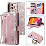 EYZUTAK Handyhülle für iPhone 13 Pro Hülle 6.1,Flip Case Lederhülle Reißverschluss Magnetverschluss Brieftasche mit 9 Kartenfächern Standfuntion Retro Matt Ledertasche-Roség