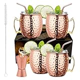LIVEHITOP Moscow Mule Kupferbecher Set mit 4 Stück, 19.5 Unzen Kupferbecher mit 4 Untersetzern, 4 Strohhalmen, Jigger & Strohbürste, Sein & Ihr Geschenk für Zuhause, Bar, Party