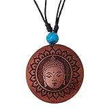 Chic-Net® Holzkette rund verstellbar Baumwolle Om Buddha Maske golden silbern Natur Silber Gold bemalt Unisex Damen Herren Frauen Männer Anhänger Kette Halskette Hals Schmuck Türkis Stein Blume S