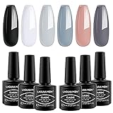 Lagunamoon Gel-Nagellacke, 6 Farben, Nude, Schwarz, Weiß, Grau, Gel-Nagellack-Set, Soak-Off, langlebig, UV-LED-Licht, DIY-Maniküre-Set, Salonqualität, Geschenkset, 8
