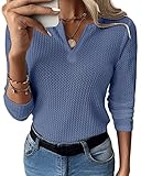 Damen V-Ausschnitte Bluse Kurzarm Sommerbluse Oberteile T-Shirt Lose Tunika Shirt Waffel Strick Hemdbluse Elegant Sommershirts Damenblusen (Langarm Blau, L)