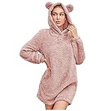 Overall Damen Kuschelig Strampler Lange Pullover Kleid mit Kapuze aus Plüsch Lässige Overall Einteiler Kleid Schlafanzug Schlafoverall Pyjama Onesie Jumpsuit Hausanzug Homew