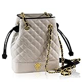 Valentino Orlandi Mittelgroße Handtasche für Damen, italienisches Design, Kordelzug, Eimerbeutel, Geldbörse, Alabaster, gesteppt, Echtleder, T