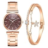 Damen Armbanduhr mit Armreif Armbänder Zweiteiliger Anzug Quartz Uhr Mode Damen Uhren Geschäftsquarzuhr Business Quarzuhr Armband Damenaccessoires Geschenk für Frauen (A-Kaffee)