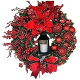 HAOJON Weihnachtsdistel Windlaterne Kränze künstlicher Kranz mit Büffelgitterband goldene Magnolie goldene Blätter hängende Kiefer Girlande Ornament Geschenk für Zuhause Tür Wand F