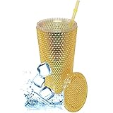 Trinkbecher mit Nieten, Strohhalm-Deckel – doppelwandiger Becher für Eiskaffee, Slush oder Smoothies, Ihr Heimkino-Tasse (metallisches Gold, 700 ml)