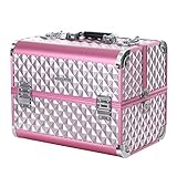 SONGMICS Kosmetikkoffer Schminkkoffer Schminkaufbewahrung Beauty Case Schminkkasten Multikoffer Etagenkoffer mit Diamant-Muster Silbernes Pink 36 x 28 x 23 cm JBC319