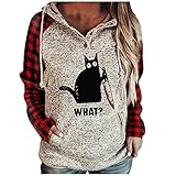 Bellelhot Frauen Halloween Druck Hooded Knopf Bluse Elegant Pullover Tops Shirt mit Kordel Kapuze Bequem Loose Pulli Oberteile T-Shirt Freizeit Damen Kariertes Langarm V-Ausschnitt Hoodie Tunika T