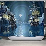 MBWLKJ Meer, Schiff Duschvorhang 200x240cm 3D Digitaldruck Polyester Cartoon Mond, Schiff Duschvorhang Antischimmel Badewannen-Duschvorhang Duschvorhang Ringe Mit 12 Duschvorhang Hak