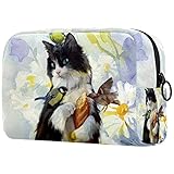 Kosmetische Taschen für Frauen, Make-up-Taschen geräumige Toiletten-Tasche Reise-Zubehör Geschenke - Tierkatze-Vogel-Gänseblümchen-B