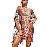 Damen-Strandkleid, gehäkelt, V-Ausschnitt, ausgehöhlt, Bikini, Badeanzug, Übergröße, gestreift, Quaste, Grau-Orange, Einheitsgröß