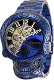 Invicta Herren-Armbanduhr mit Totenkopf-Motiv, 50 mm, automatisch, Skelettiertes Zifferblatt, blaues Etikett, Edelstahl-Armb