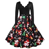 Weihnachtskleid Frauen Vintage Elegante Langarm Kleider Abendkleid Retro Cocktailkleid Mode Splice A-Line Swing Midikleid Weihnachtskostü