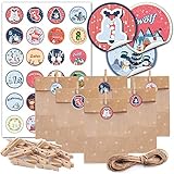 JOKBEN Adventskalender Zum Befüllen, 24 Schnee Motiv Geschenktüten mit Weihnachtlichen Aufkleber-Zahlen, 24 Holz Miniklammern und 10m Jute Hanfseile, zum selber Basteln und Befüllen 15 x 27